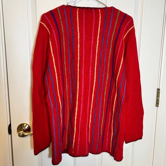 Handmade Peruvian 100% Alpaca Wool Sweater Art to Wear Red Multi Color Stripe - Picture 5 of 9